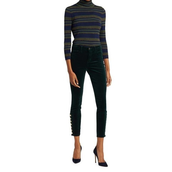 L’Agence Piper High Rise button cuff skinny Velvet Pants Jeans Evergreen Sz 25